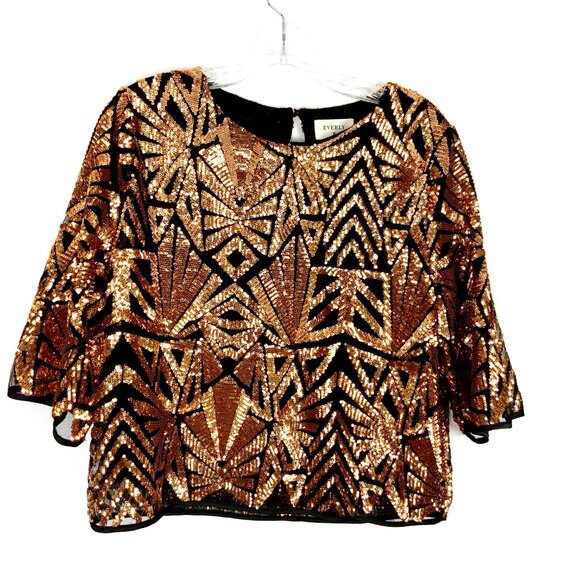 New Everly Sequin Gold Copper Geometric Pattern Glam Party Top Sz M - Picture 3 of 16